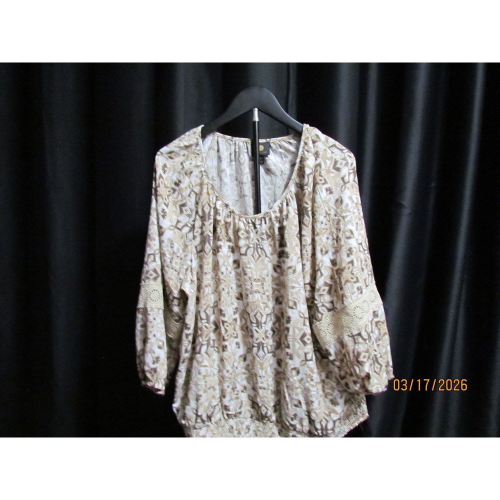 JM Collection Women‎ Tan Geometric Print Peasant Blouse Crochet Lace Trim XL